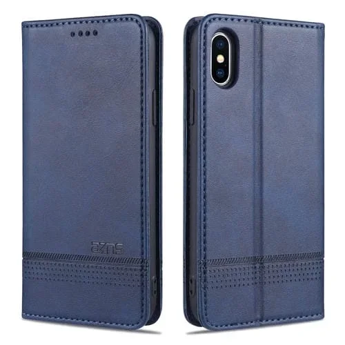 Funda de Cuero Azns para iPhone Xs Max con Tapa Horizontal Textura Pantorrilla Magnética Ranuras para Tarjetas Soporte Billetera (Azul Oscuro)