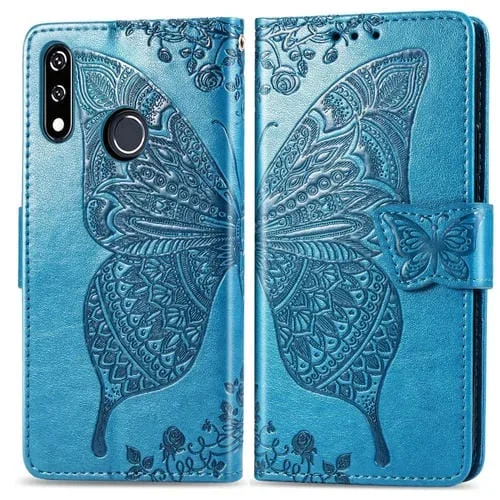 Funda de Cuero Butterfly Love Flowers con Tapa Horizontal En Relieve para LG W10 con Soporte y Billetera (Azul)
