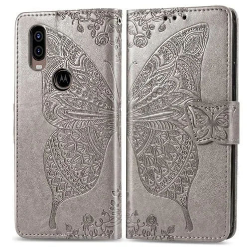 Funda de Cuero Butterfly Love Flowers con Tapa Horizontal en Relieve para Motorola P40 con Soporte, Ranuras, Billetera y Cordón (Grat)