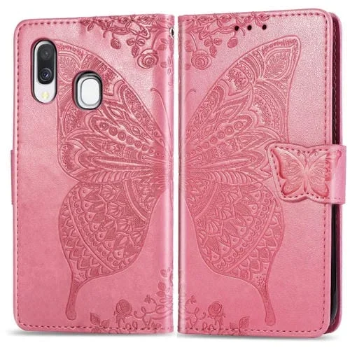 Funda de Cuero Butterfly Love Flowers para Galaxy A40 con Tapa Horizontal en Relieve Soporte Ranuras Tarjetas Billetera y Cordón (Rosa)