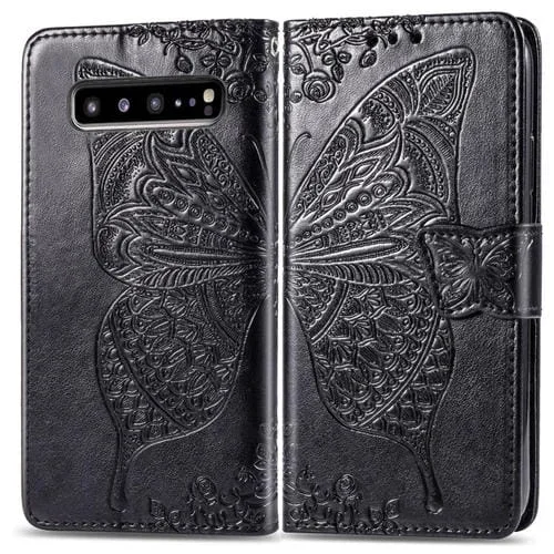 Funda de Cuero Butterfly Love Flowers para Galaxy S10 5G con Tapa Horizontal En Relieve, Soporte, Ranuras para Tarjetas, Billetera y Cordón (Negro)