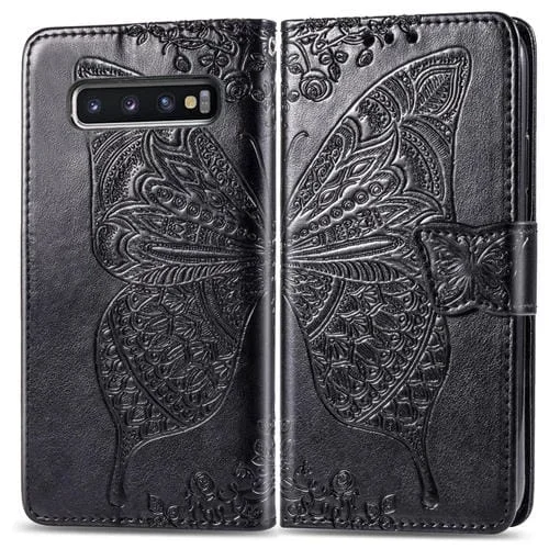 Funda de Cuero Butterfly Love Flowers para Galaxy S10 + con Tapa Horizontal en Relieve Soporte Ranuras Tarjetas Billetera y Cordón (Negro)