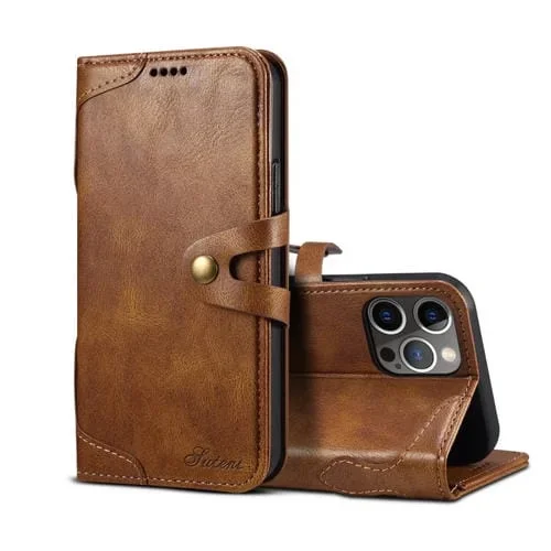 Funda de Cuero Calf Texture para iPhone 13 Mini con Hebilla, Tapa Horizontal, Soporte y Ranuras para Tarjetas (Marrón)