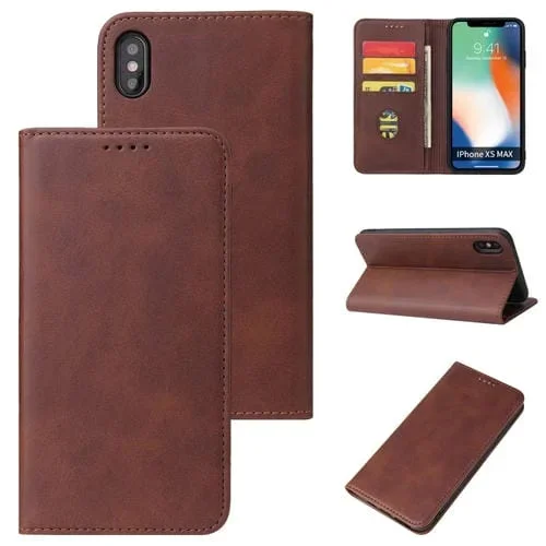 Funda de Cuero Calf Texture para iPhone Xs Max con Tapa Horizontal Magnética Soporte y Ranuras para Tarjetas y Billetera (Marrón)