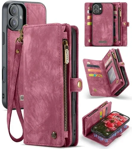Funda de Cuero Caseme 008 para iPhone 16 Plus Desmontable y Multifuncional (Roja)