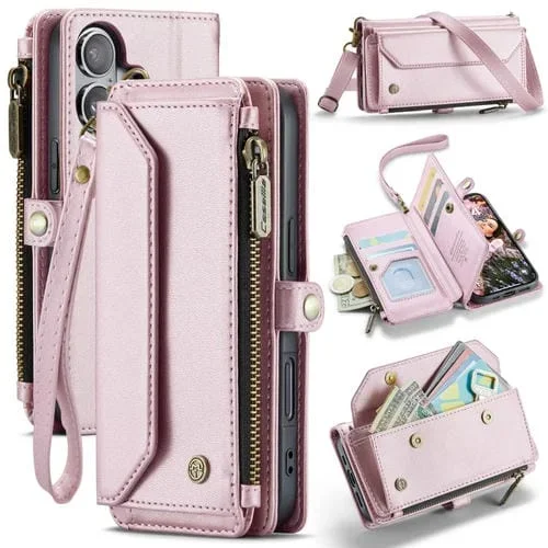 Funda de Cuero Caseme C36 Antirrobo con Ranuras para Tarjetas y Billetera con Cremallera para iPhone 16 (Rosa)