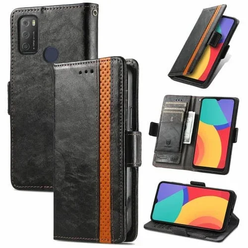 Funda de Cuero Caseno para Alcatel 1S (2021) con Soporte, Ranuras y Hebilla Magnética (Negro)