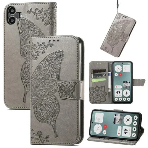 Funda de Cuero cmf Phone 1 con Relieve de Mariposa y Flor (Gris)