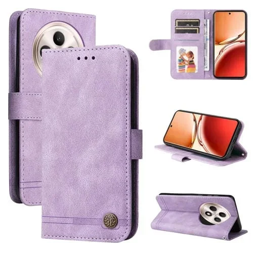 Funda de Cuero con Botones de Metal y Diseño de Árbol de la Vida para Oppo Reno12 F 5G Global Skin Feel (Morado)