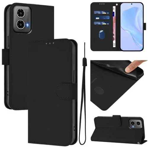 Funda de Cuero con Cordón para Motorola Moto G34 con Tacto de Piel (Negro)