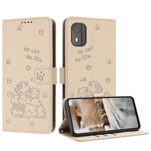 Funda de Cuero con Cordón para Nokia C02 con Gatito en Relieve (Beige)