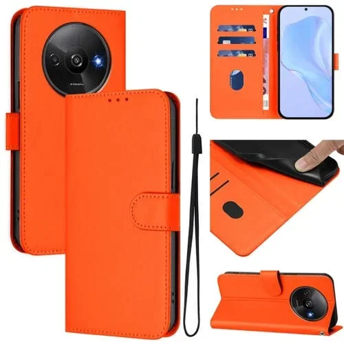 Funda de Cuero con Cordón para Redmi A3 4G Global / A3X 4G, Color Liso y Tacto Suave (Naranja)