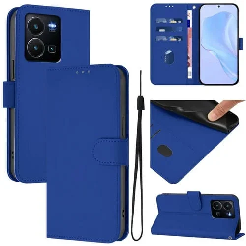 Funda de Cuero con Cordón para Teléfono con Diseño de Piel de Color Liso y Tacto Suave para Vivo Y35 4G Global / Y22S 4G Global (Azul Oscuro)
