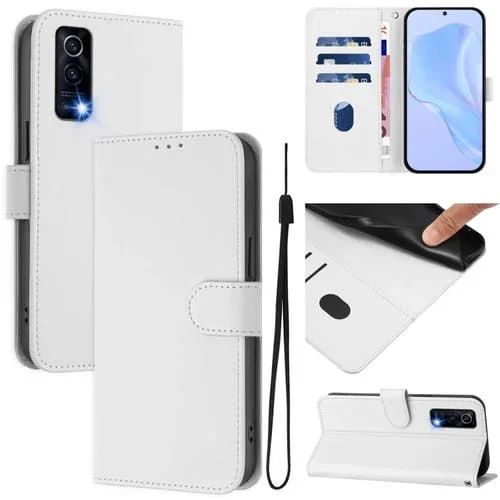 Funda de Cuero con Cordón para Teléfono con Diseño de Piel de Color Liso y Tacto Suave para Vivo Y72 5G / Iqoo Z3 / Y52 5G (Blanco)