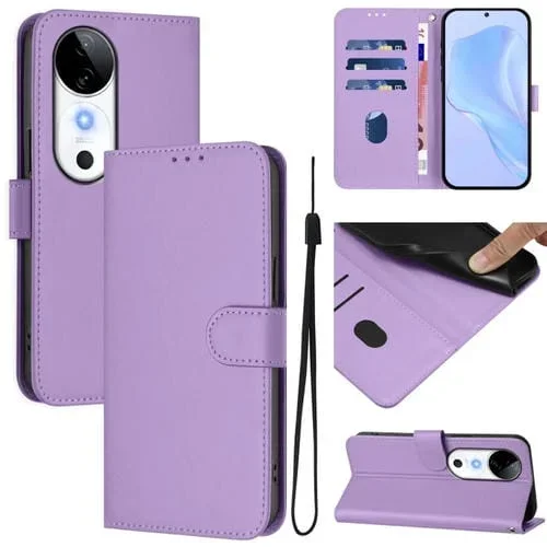 Funda de Cuero con Cordón para Teléfono con Sensación de Piel de Color Sólido para Vivo S19 (Morado Lavanda)