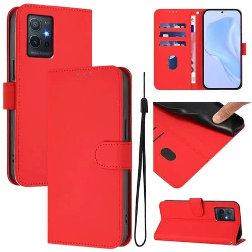 Funda de Cuero con Cordón para Teléfono con Sensación de Piel Global para Vivo Y55S 2023 5G / Y55 5G (Rojo)
