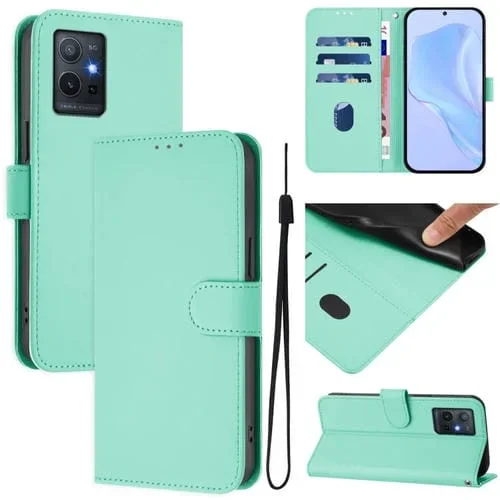 Funda de Cuero con Cordón para Teléfono con Sensación de Piel Global para Vivo Y55S 2023 5G / Y55 5G (Verde Menta)