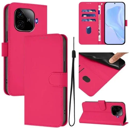 Funda de Cuero con Cordón para Teléfono Vivo Iqoo Z9 5G / Z9 Turbo 5G con Tacto de Piel de Color Sólido (Rosa Rojo)