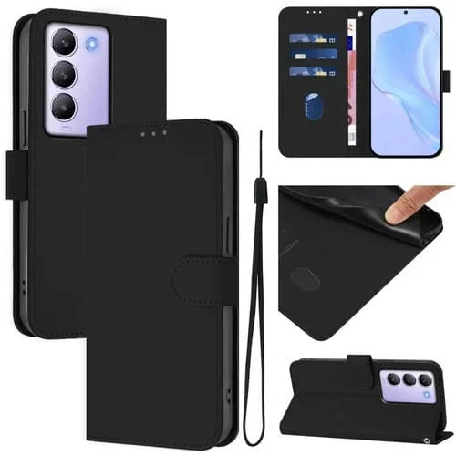 Funda de Cuero con Cordón para Teléfono Vivo Y100 5G Idn / V40 Se 5G con Tacto de Piel de Color Sólido (Negro)