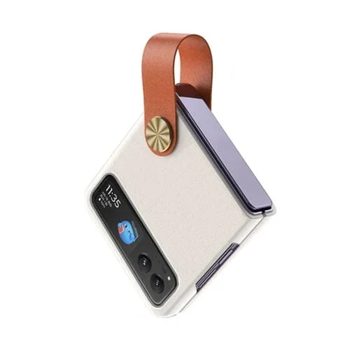 Funda de Cuero con Correa de Mano para Motorola Razr 40 (Blanco + Marrón)
