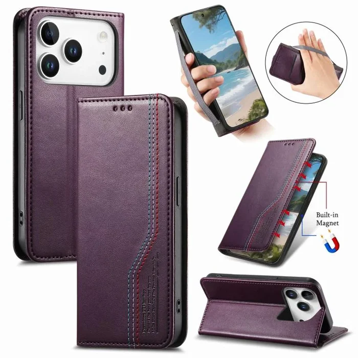 Funda de cuero con correa elástica y ventosa magnética para iPhone 17 Pro Max (morado)