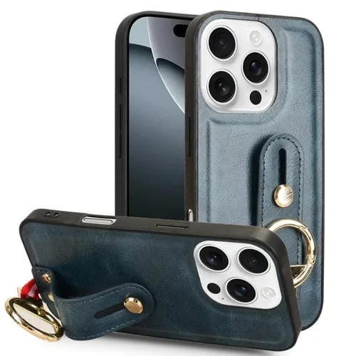 Funda de Cuero con Correa para la Muñeca para iPhone 16 Pro (Azul)
