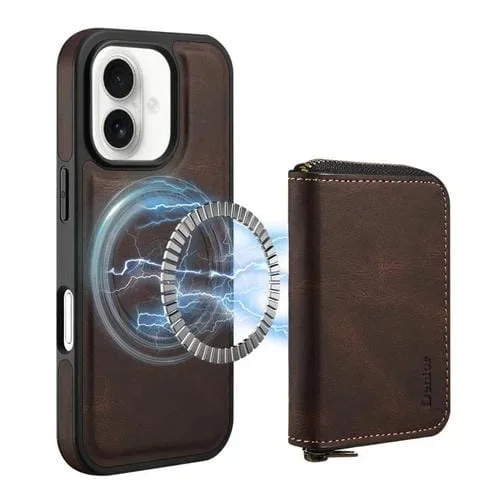 Funda de Cuero con Cremallera Magsafe para iPhone 16 Denior D26 Skin Feel (Café)