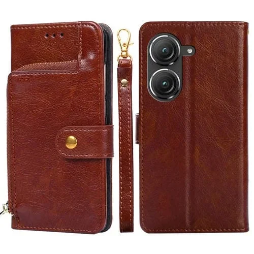 Funda de Cuero con Cremallera para Asus Zenfone 9 Teléfono (Marrón)