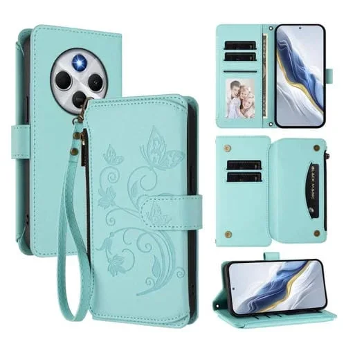 Funda de cuero con cremallera para Redmi A4 5G / A3 Pro / 14C 4G / 14R, diseño de mariposas y flores, con múltiples tarjetas (verde menta)