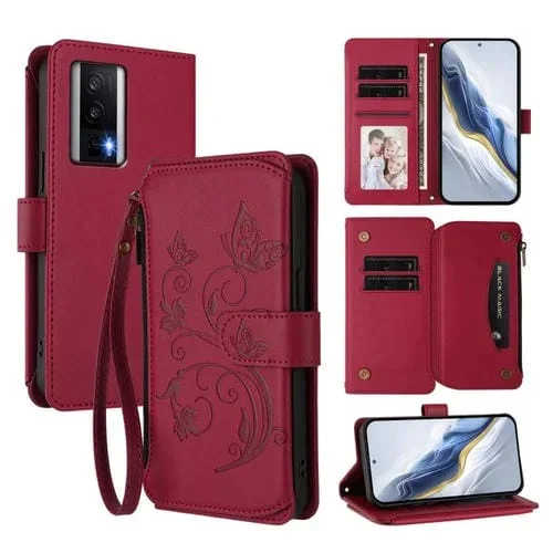 Funda de cuero con cremallera para Redmi K60/K60 Pro, diseño de mariposas, flores y amor, con múltiples tarjetas (rojo vino)