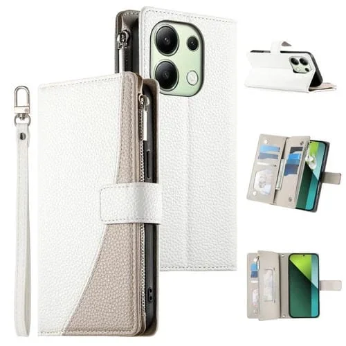 Funda de cuero con cremallera para Redmi Note 13 4G, con costuras globales, para múltiples tarjetas y correa corta (blanca)
