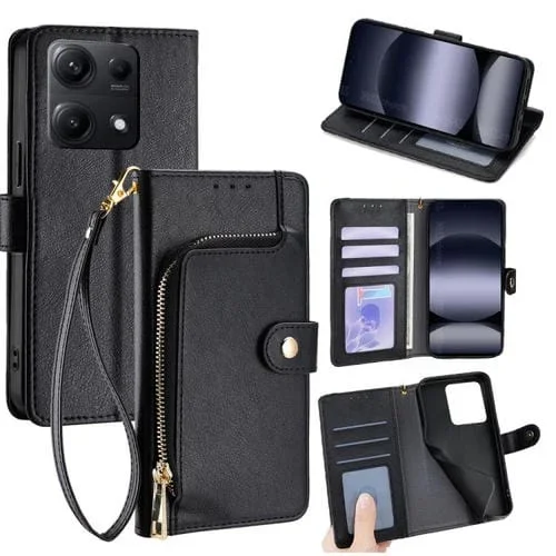 Funda de cuero con cremallera para Redmi Note 14S 4G (negra)
