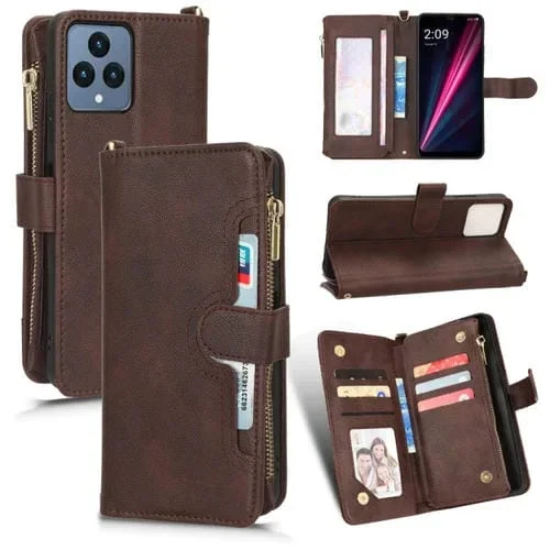 Funda de Cuero con Cremallera para T-Mobile Revvl 6 5G Litchi Textura (Marrón)