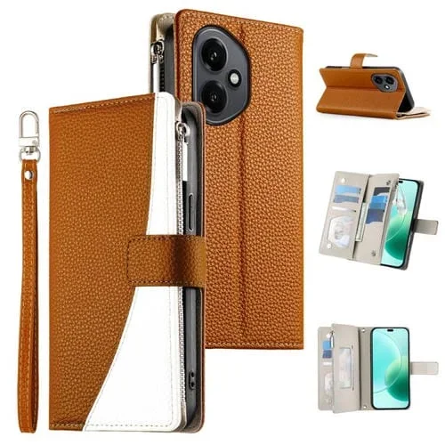 Funda de cuero con cremallera para teléfono Honor 400 Global (156,5 mm), con costuras, compatible con múltiples tarjetas y correa corta (marrón)