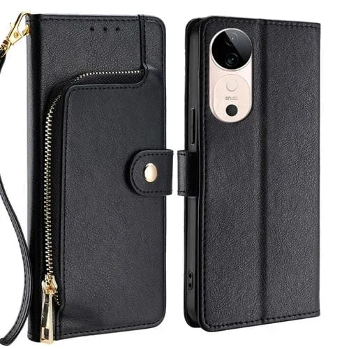 Funda de Cuero con Cremallera para Teléfono Vivo S19 (Negra)