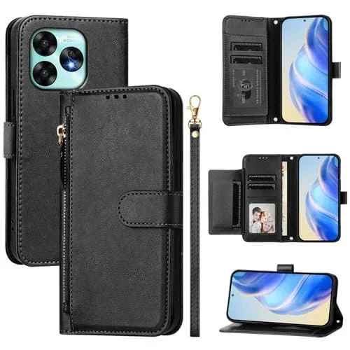 Funda de Cuero con Cremallera para Umidigi A15 A15C A15T con Ranuras para Tarjetas (Negra)