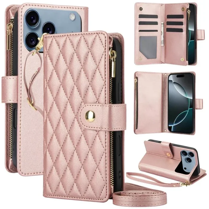 Funda de cuero con cremallera y cordón para iPhone 17 Pro Max YM016 (oro rosa)