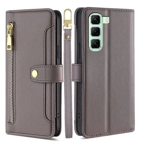 Funda de Cuero con Cremallera y Diseño de Oveja para Infinix Hot 50 5G (Gris)