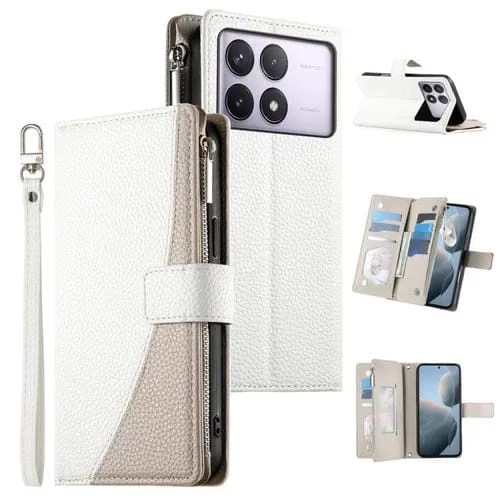 Funda de cuero con cremallera y múltiples tarjetas para Redmi K70 / K70 Pro / Poco F6 Pro, con costuras y correa corta (blanca)