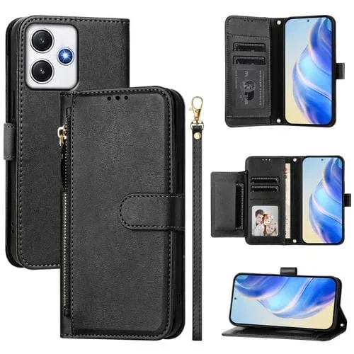Funda de Cuero con Cremallera y Ranuras para Múltiples Tarjetas para Redmi 12 5G/4G Global/Note 12R (Negra)