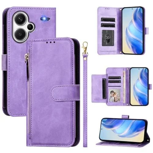 Funda de Cuero con Cremallera y Ranuras para Múltiples Tarjetas para Redmi Note 13 Pro+ 5G (Morado)