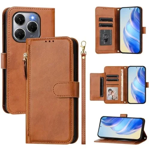 Funda de Cuero con Cremallera y Ranuras para Múltiples Tarjetas para Tecno Spark 20 Pro 5G (Marrón)