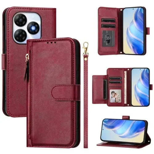 Funda de Cuero con Cremallera y Ranuras para Tarjetas Itel P55 4G (Rojo Oscuro)