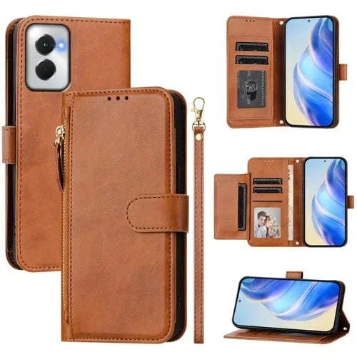 Funda de Cuero con Cremallera y Ranuras para Tarjetas Motorola Moto G Power 5G (2024) (Marrón)