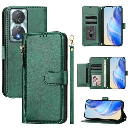 Funda de Cuero con Cremallera y Ranuras para Tarjetas para Honor 90 Smart / X7B 4G / 5G (Verde)