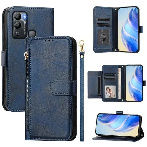Funda de Cuero con Cremallera y Ranuras para Tarjetas para Infinix Hot 12I Hot 20I (Azul)