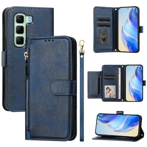 Funda de Cuero con Cremallera y Ranuras para Tarjetas para Infinix Hot 50 5G (Azul)