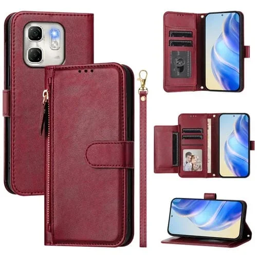 Funda de Cuero con Cremallera y Ranuras para Tarjetas para Infinix Hot 50I Smart 9 (Rojo Oscuro)