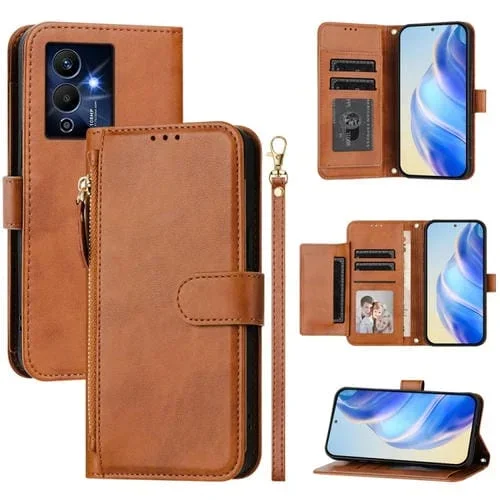 Funda de Cuero con Cremallera y Ranuras para Tarjetas para Infinix Note 12 Pro 5G (Marrón)