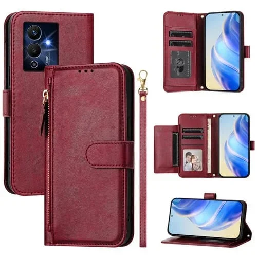 Funda de Cuero con Cremallera y Ranuras para Tarjetas para Infinix Note 12 Pro 5G (Rojo Oscuro)